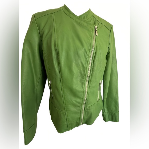 Alfani Petite M Faux Leather Moto Jacket Willow Bough Green asymmetrical Zip - Picture 4 of 8